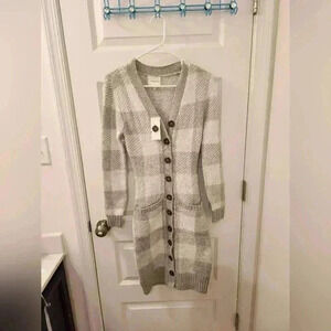 Pink Rose Sweater Dress Grey Buttons Plaid White NWT Size XS Midi #V498